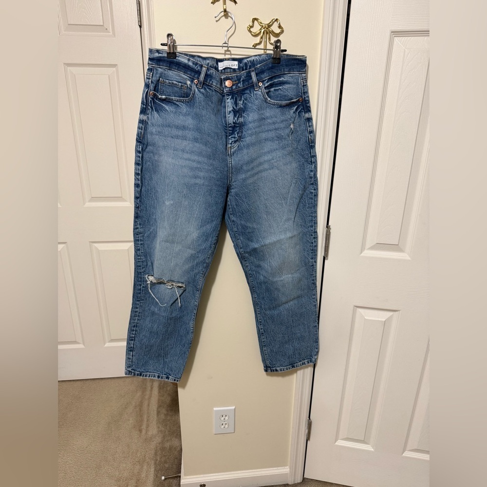 LOFT Blue Distressed High Waist Straight Crop Jeans